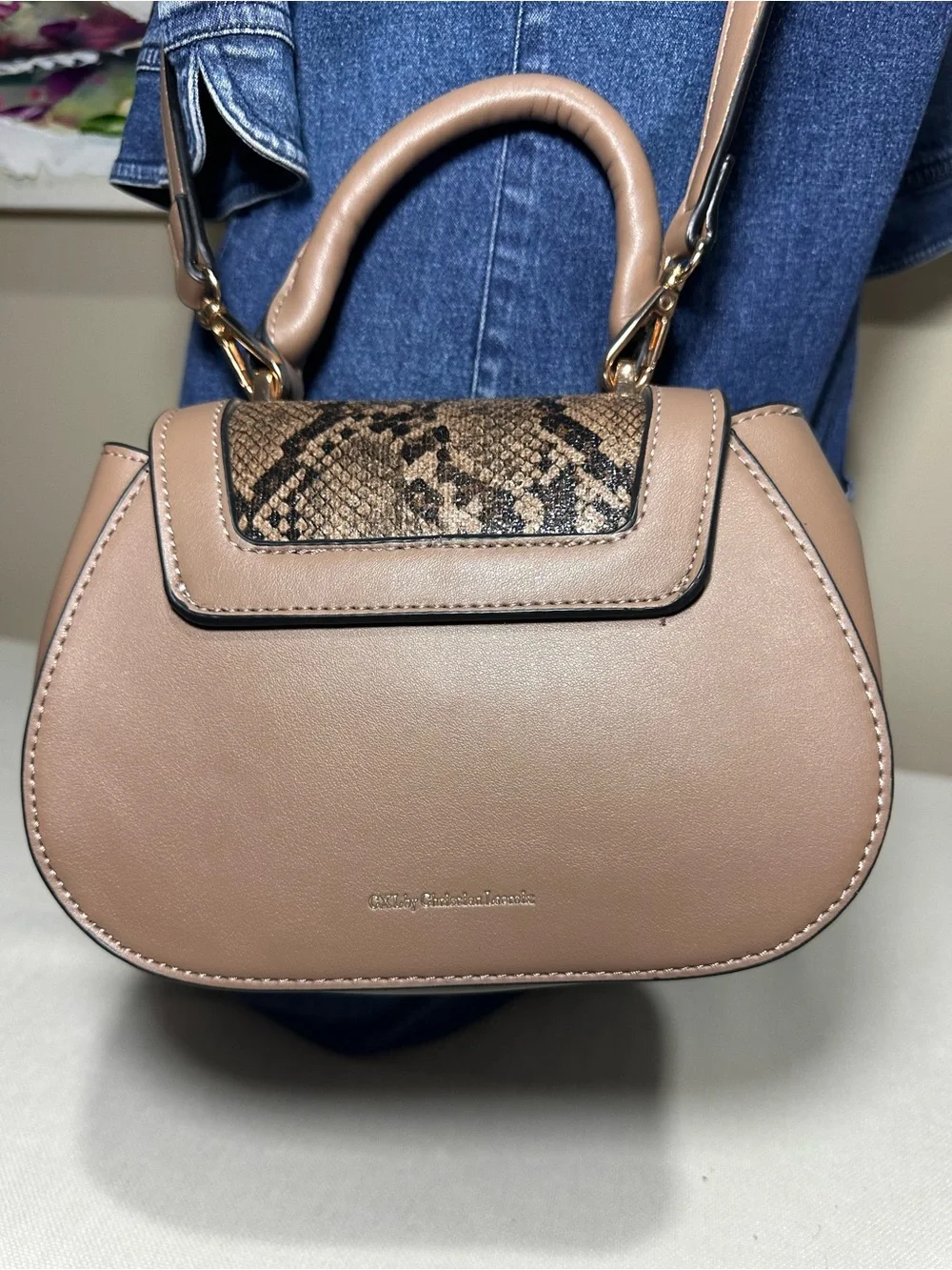 Christian Lacroix Taupe and Snake-Print Crossbody Satchel - Picture 2 of 4